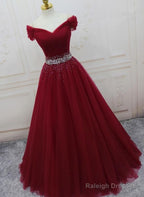 Beautiful Burgundy Long Tulle Off Shoulder Prom Dress , Junior Prom Dresses