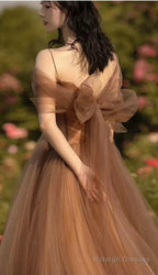 Beautiful Champagne Tulle Straps Long Formal Gown, Tulle Party Dresses Evening Dresses