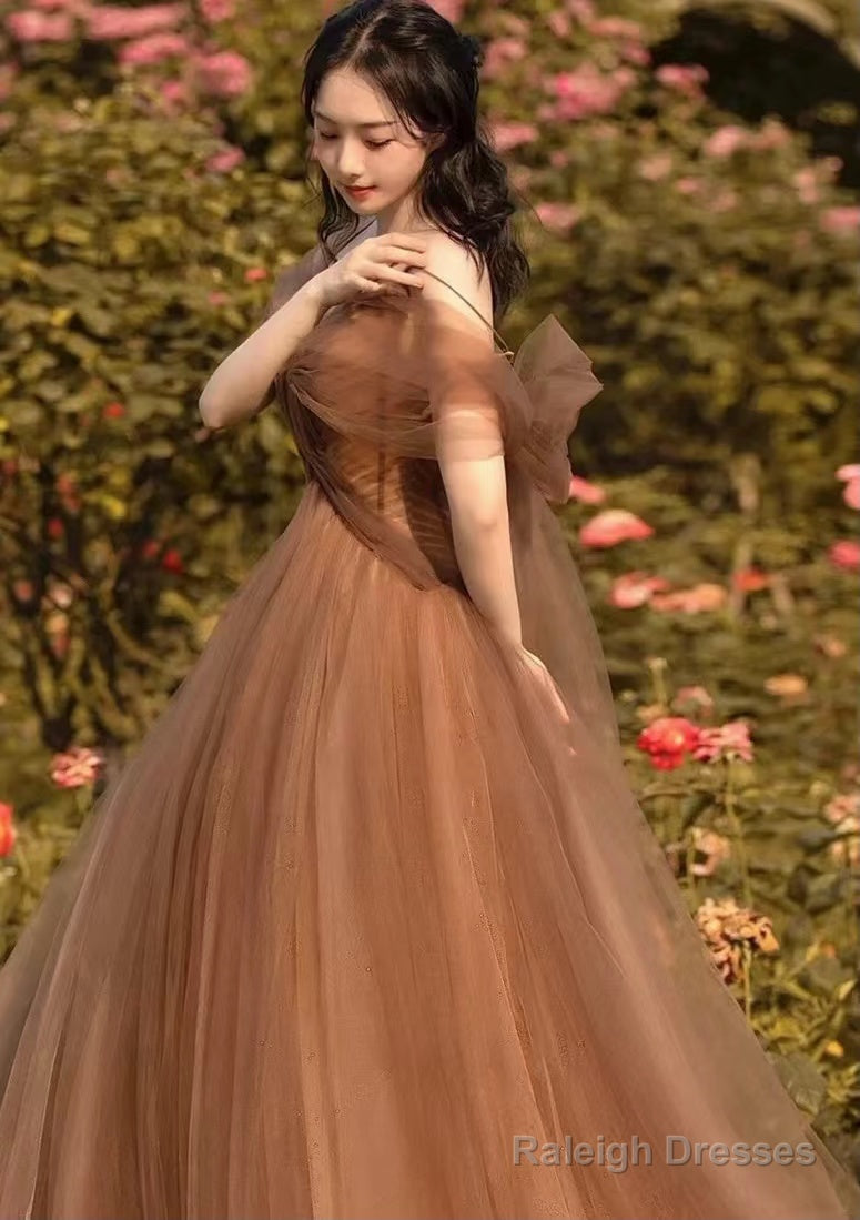 Beautiful Champagne Tulle Straps Long Formal Gown, Tulle Party Dresses Evening Dresses