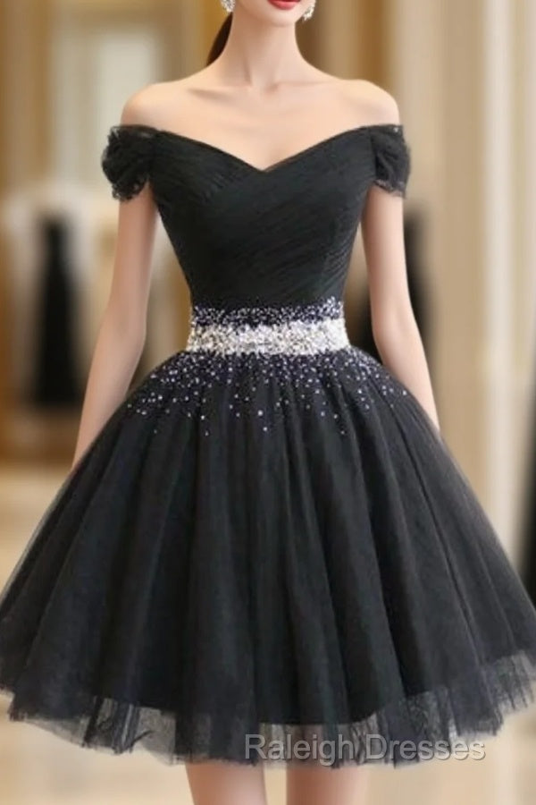 Beautiful Cute Charming Black Tulle V Neck Beaded Short Dress, Black Homecoming Dress Main image