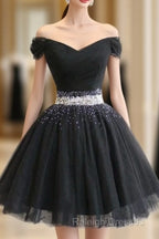 Beautiful Cute Charming Black Tulle V Neck Beaded Short Dress, Black Homecoming Dress