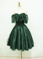 Beautiful Dark Green Lace Off Shoulder Short Prom Dresses Lace Homecoming Dresses