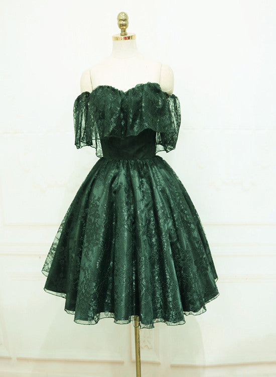 Beautiful Dark Green Lace Off Shoulder Short Prom Dresses Lace Homecoming Dresses