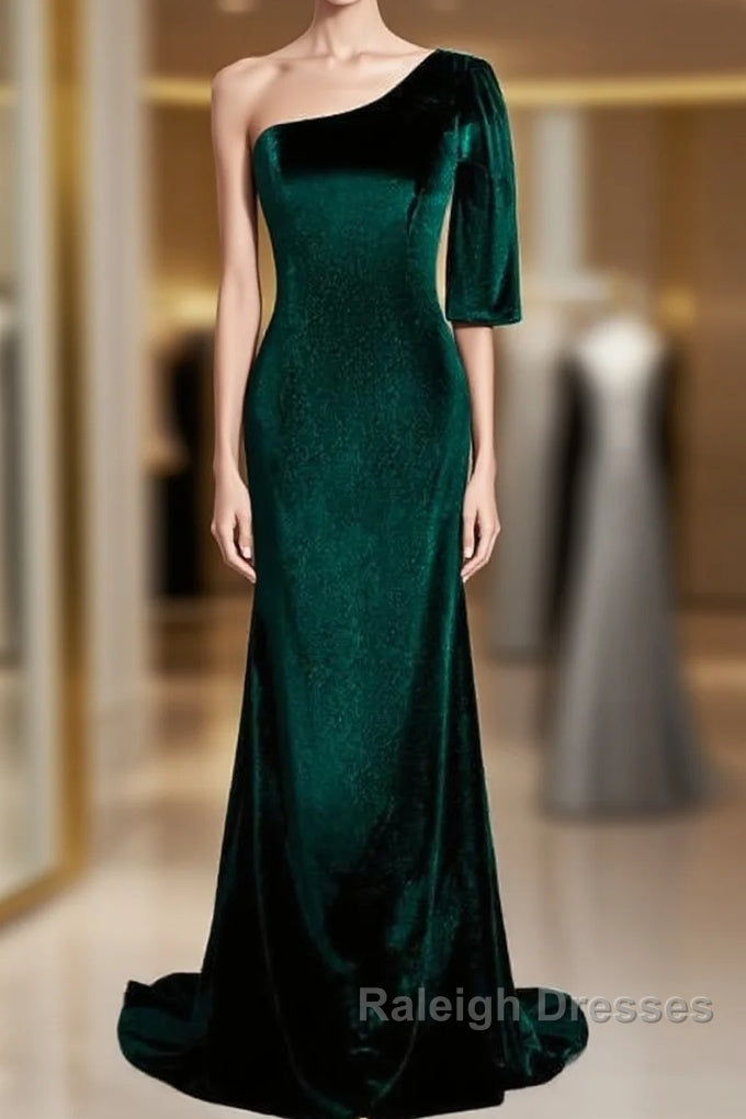 Beautiful Dark Green One Shoulder Evening Dress, Green Mermaid Formal Dresses Main image