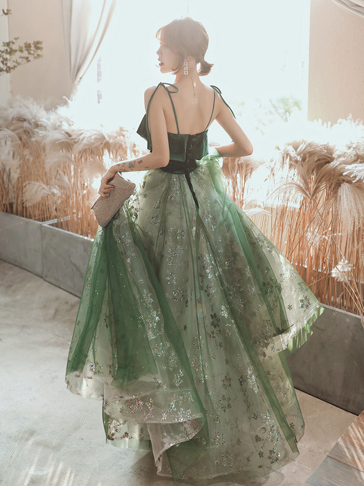 Beautiful Dark Green Straps Tulle With Velvet Party Dress, Green Evening Gown Prom Dress Secondary image