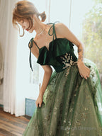 Beautiful Dark Green Straps Tulle With Velvet Party Dress, Green Evening Gown Prom Dress