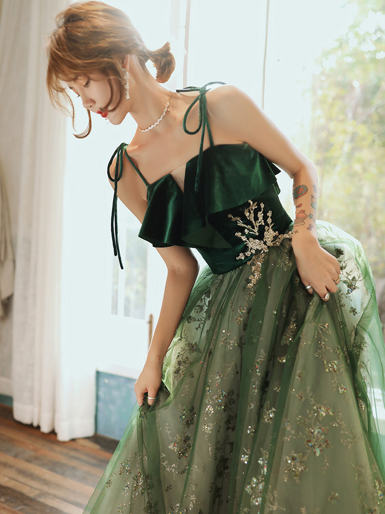 Beautiful Dark Green Straps Tulle With Velvet Party Dress, Green Evening Gown Prom Dress