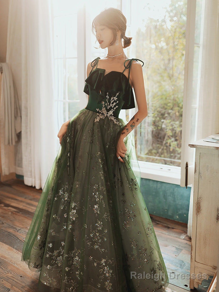 Beautiful Dark Green Straps Tulle With Velvet Party Dress, Green Evening Gown Prom Dress Main image