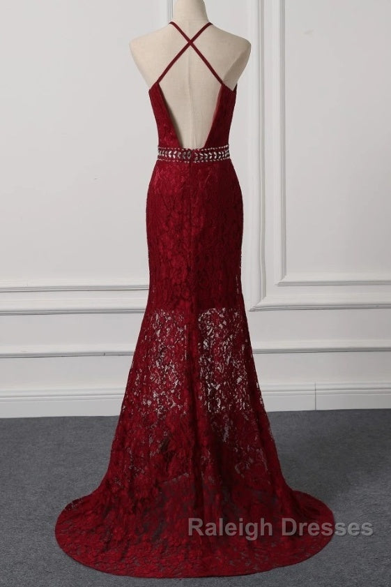 Beautiful Dark Red Lace Halter Beaded Evening Dress, Mermaid Prom Dress