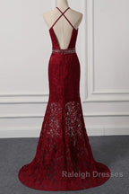 Beautiful Dark Red Lace Halter Beaded Prom Dresses Mermaid Prom Dresses