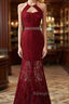 Beautiful Dark Red Lace Halter Beaded Evening Dress, Mermaid Prom Dress