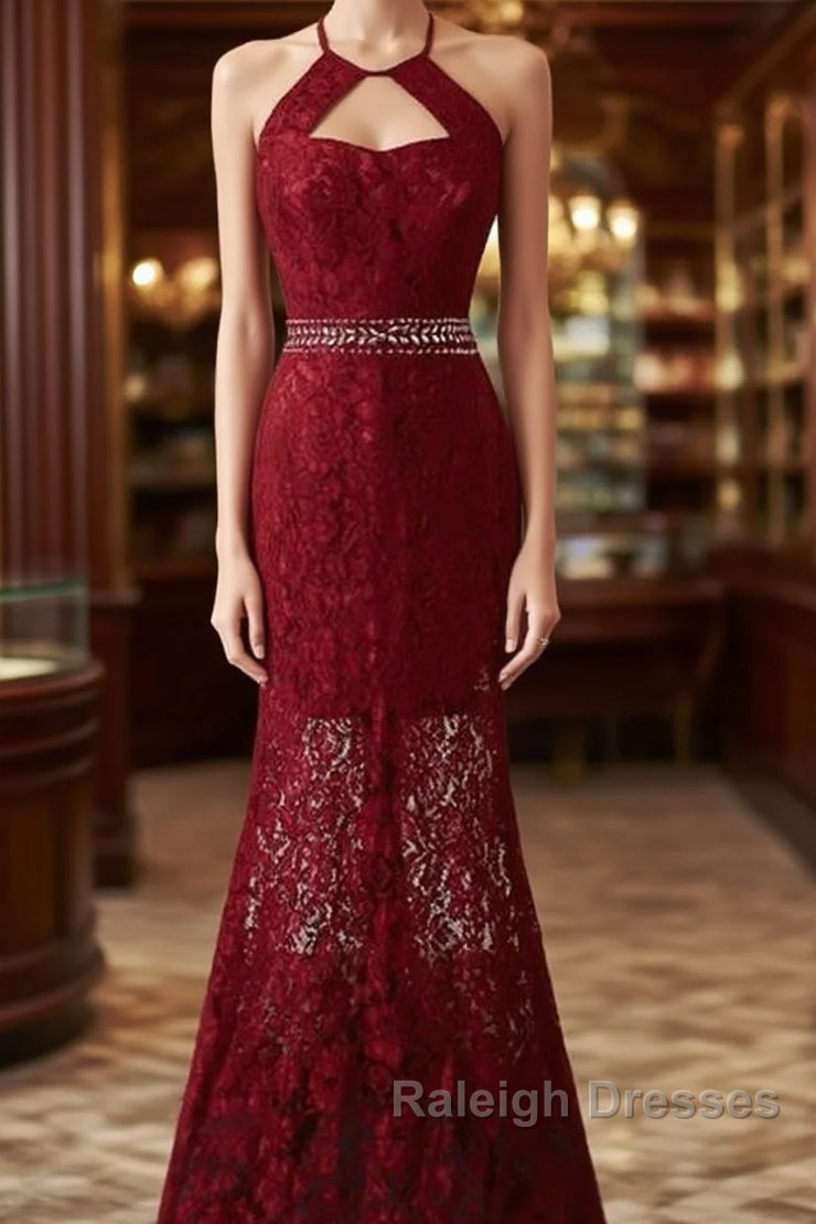 Beautiful Dark Red Lace Halter Beaded Prom Dresses Mermaid Prom Dresses