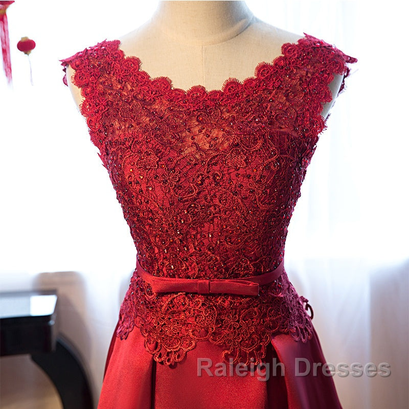 Beautiful Dark Red Lace Long Junior Prom Dress, Lace Top Party Dress