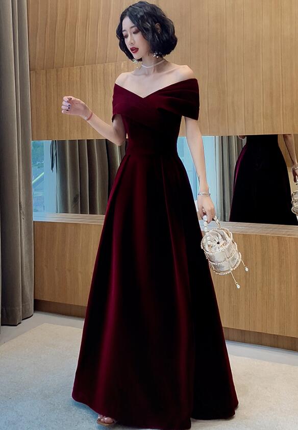 Beautiful Dark Red Velvet Off Shoulder Bridesmaid Dresses A-Line Long Prom Dresses Secondary image