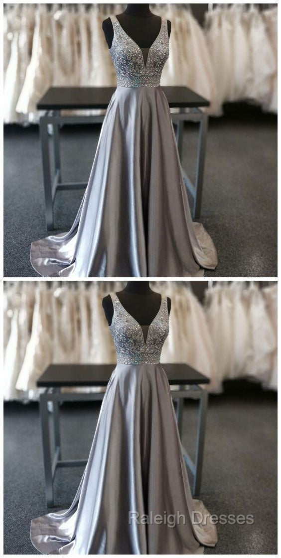 Beautiful Elegant Silver Grey Prom Dress,Beaded Evening Gowns,V Neck Formal Dress,Special Occasion Dress