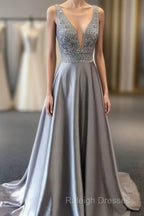 Beautiful Elegant Silver Grey Prom Dress,Beaded Evening Gowns,V Neck Formal Dress,Special Occasion Dress