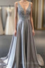 Beautiful Elegant Silver Grey Prom Dress,Beaded Evening Gowns,V Neck Formal Dress,Special Occasion Dress