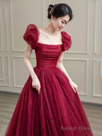 Beautiful Floor Length A-Line Prom Dress, Burgundy Tulle Evening Party Dress