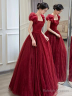 Beautiful Floor Length A-Line Prom Dress, Burgundy Tulle Evening Party Dress