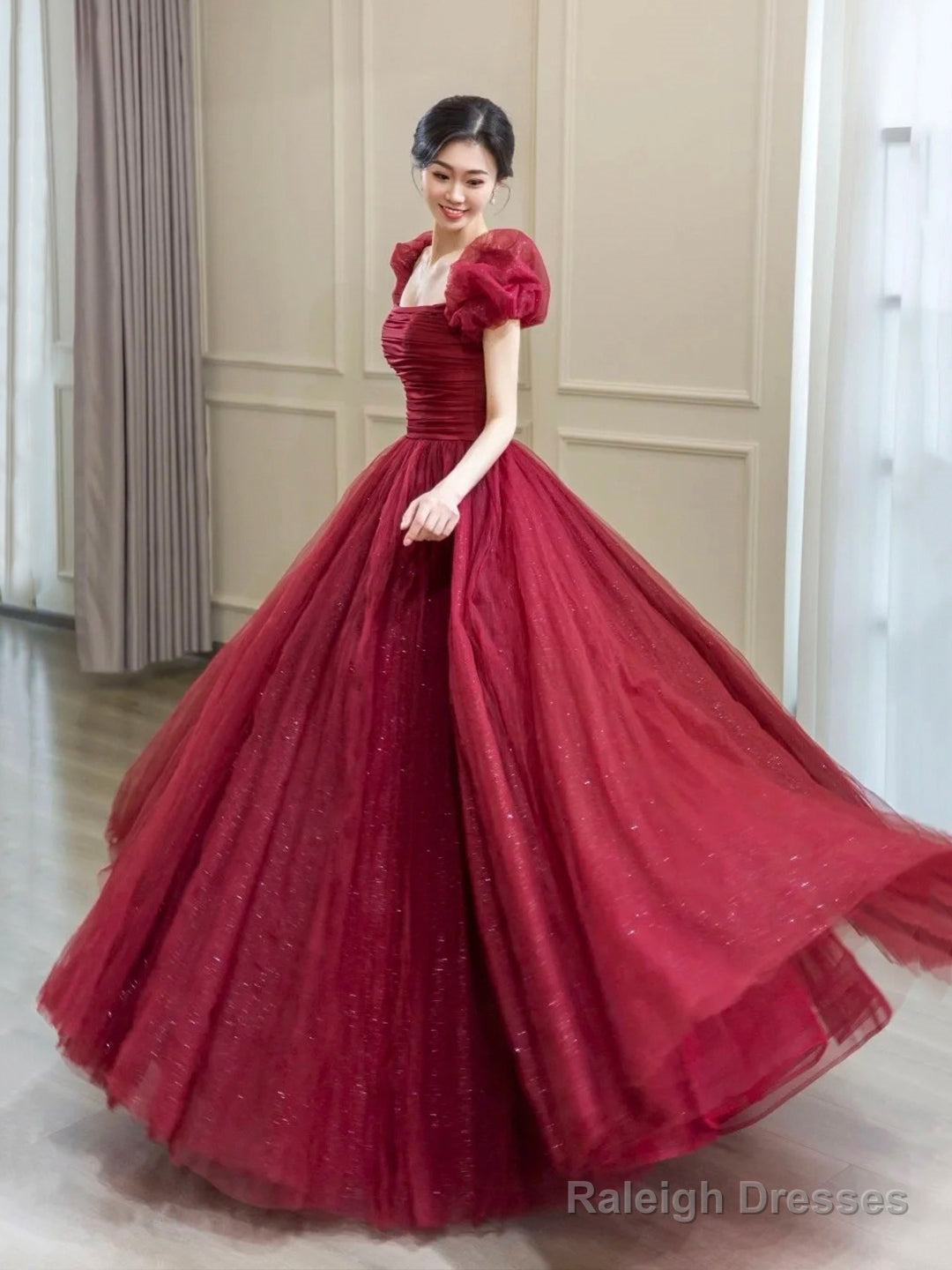 Beautiful Floor Length A-Line Prom Dress, Burgundy Tulle Evening Party Dress