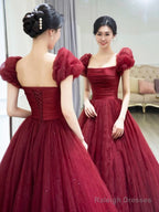 Beautiful Floor Length A-Line Prom Dress, Burgundy Tulle Evening Party Dress
