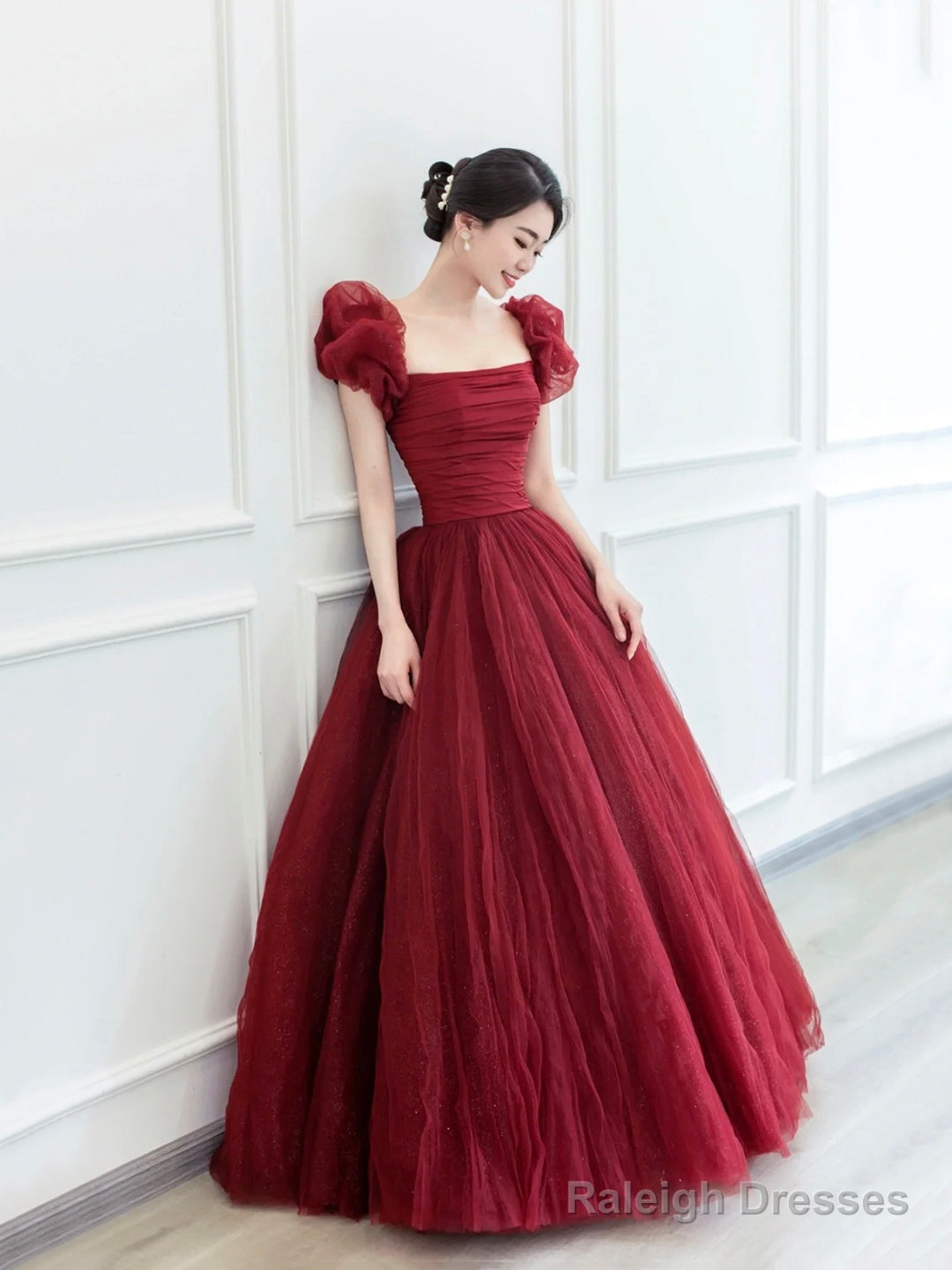 Beautiful Floor Length A-Line Prom Dress, Burgundy Tulle Evening Party Dress Main image