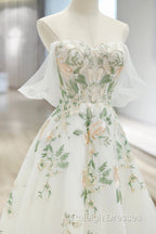 Beautiful Floral Lace Tulle Long Prom Dress, White Off The Shoulder Evening Party Dress