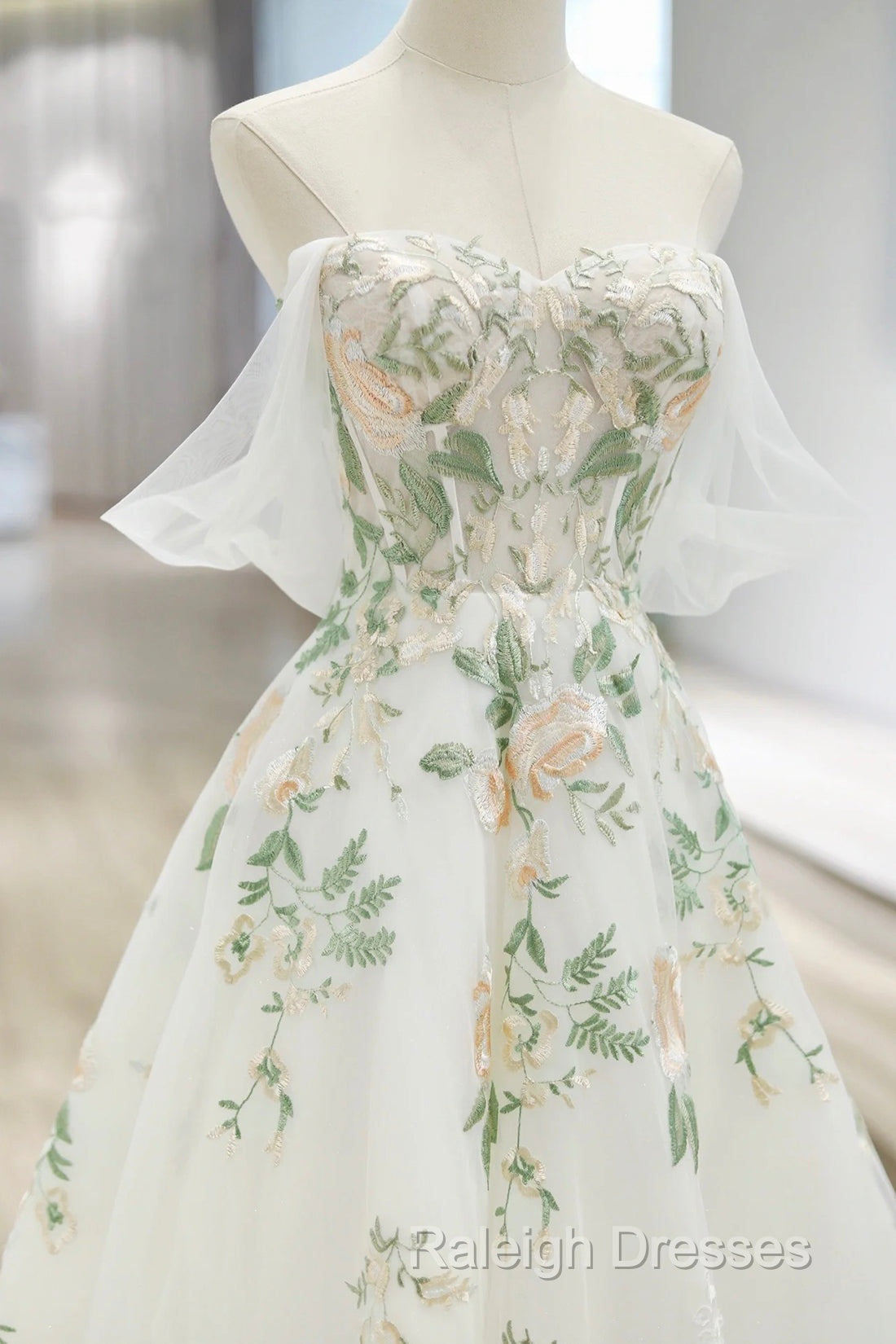 Beautiful Floral Lace Tulle Long Prom Dress, White Off The Shoulder Evening Party Dress