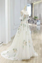 Beautiful Floral Lace Tulle Long Prom Dress, White Off The Shoulder Evening Party Dress