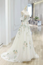 Beautiful Floral Lace Tulle Long Prom Dresses White Off The Shoulder Prom Dresses
