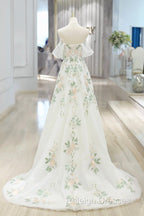 Beautiful Floral Lace Tulle Long Prom Dress, White Off The Shoulder Evening Party Dress