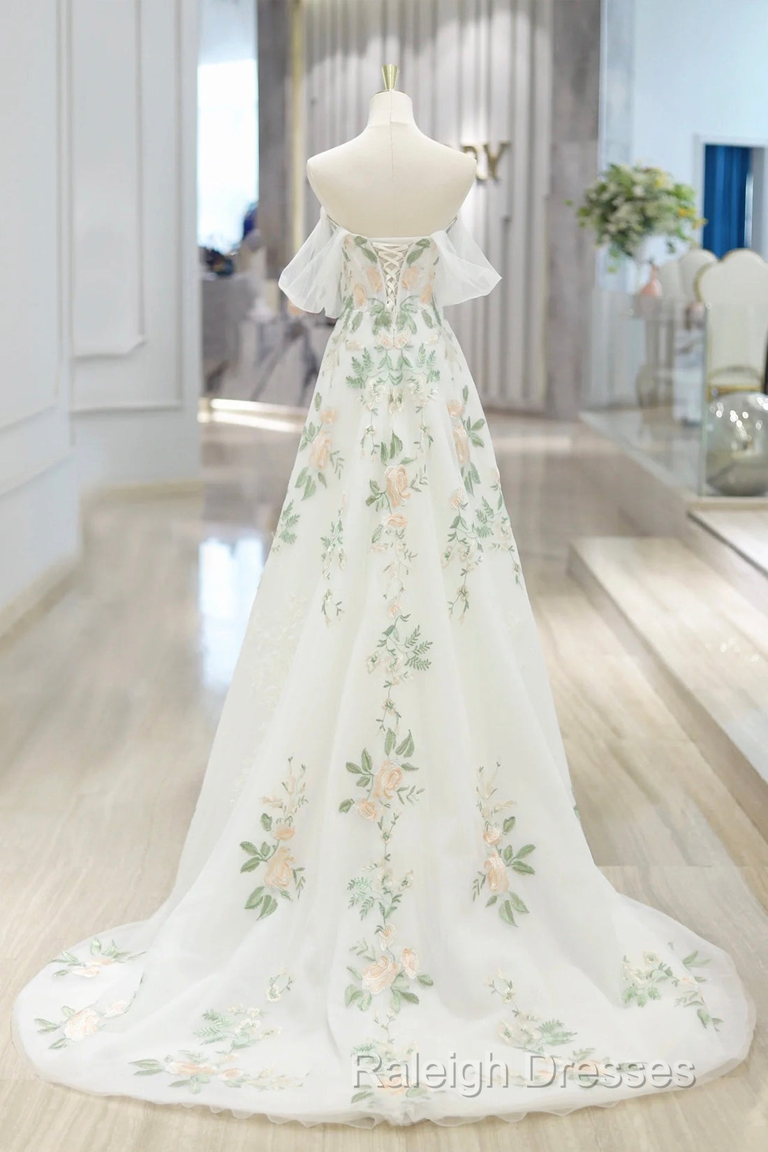 Beautiful Floral Lace Tulle Long Prom Dresses White Off The Shoulder Prom Dresses