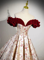 Beautiful Floral Satin Sweetheart Off Shoulder Prom Dress, Long Satin Party Dress