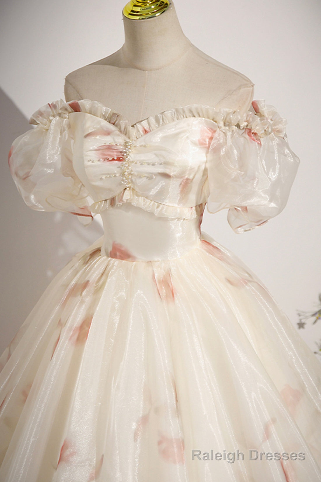 Beautiful Floral Tulle Long Prom Dress, Champagne Short Sleeve Evening Dress