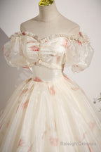Beautiful Floral Tulle Long Prom Dresses Champagne Short Sleeve Prom Dresses