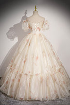 Beautiful Floral Tulle Long Prom Dress, Champagne Short Sleeve Evening Dress