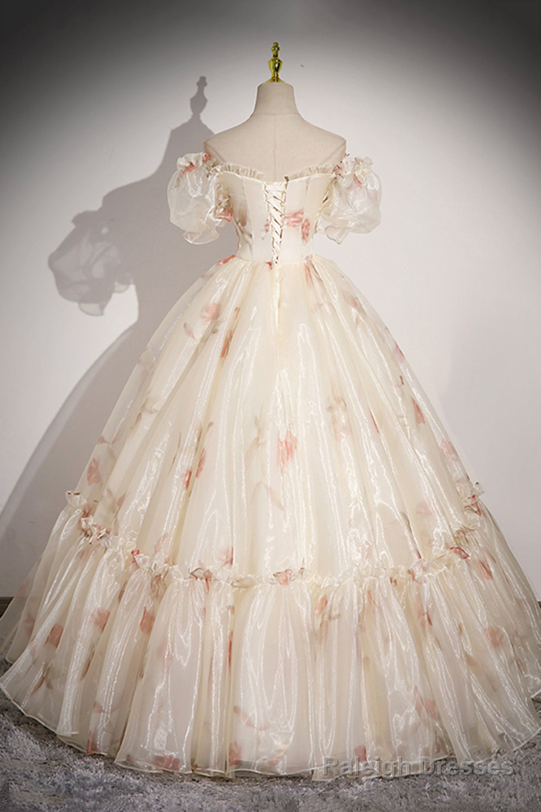 Beautiful Floral Tulle Long Prom Dresses Champagne Short Sleeve Prom Dresses