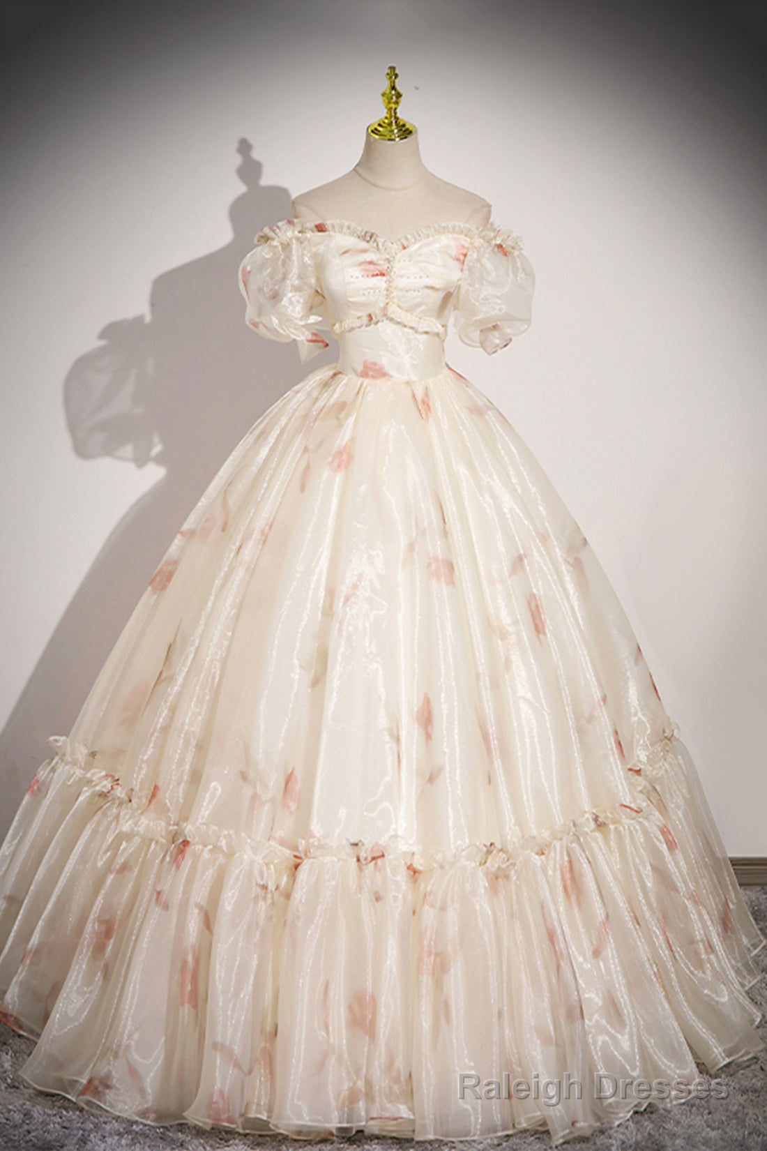 Beautiful Floral Tulle Long Prom Dress, Champagne Short Sleeve Evening Dress Main image