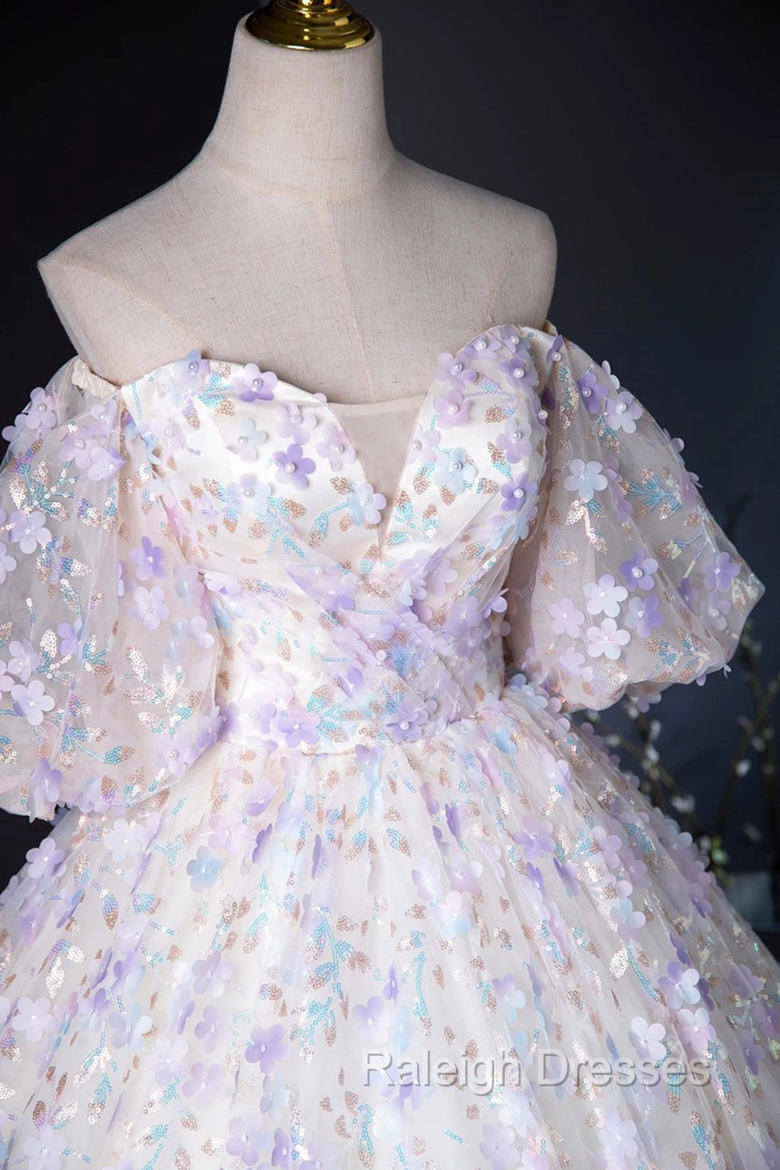 Beautiful Floral Tulle Pearl Sequins Prom Dress, A-Line Puffy Short Sleeve Evening Party Dress Secondary image