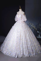 Beautiful Floral Tulle Pearl Sequins Prom Dress, A-Line Puffy Short Sleeve Prom Prom Dress