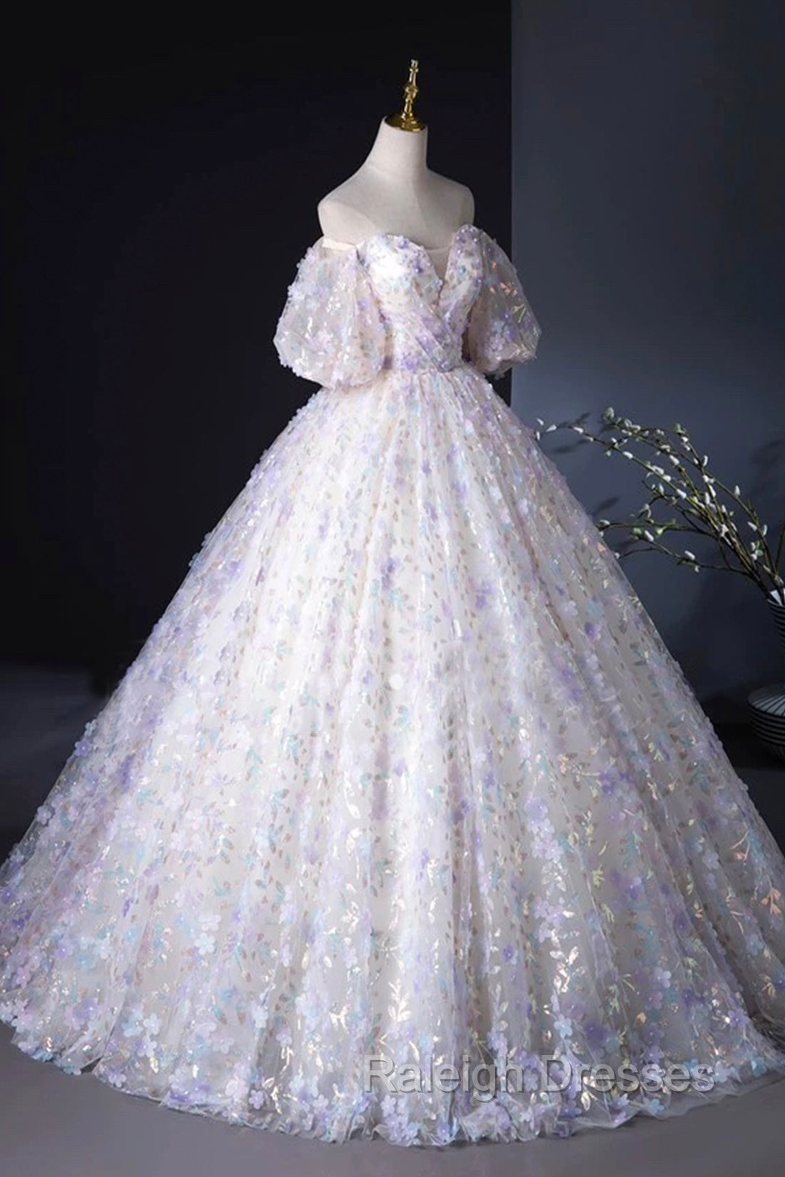 Beautiful Floral Tulle Pearl Sequins Prom Dress, A-Line Puffy Short Sleeve Prom Prom Dress