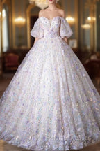 Beautiful Floral Tulle Pearl Sequins Prom Dress, A-Line Puffy Short Sleeve Evening Party Dress