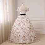 Beautiful Flowers Ball Gown Long Prom Dresses Short Sleeves Prom Dresses