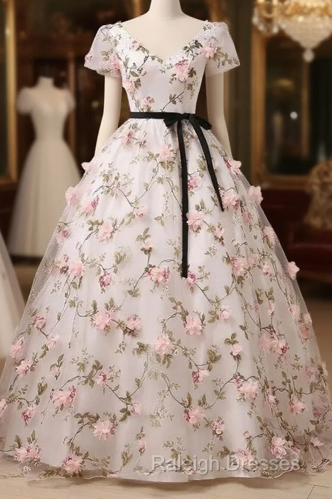 Beautiful Flowers Ball Gown Long Party Dress, Short Sleeves Prom Dress Main image