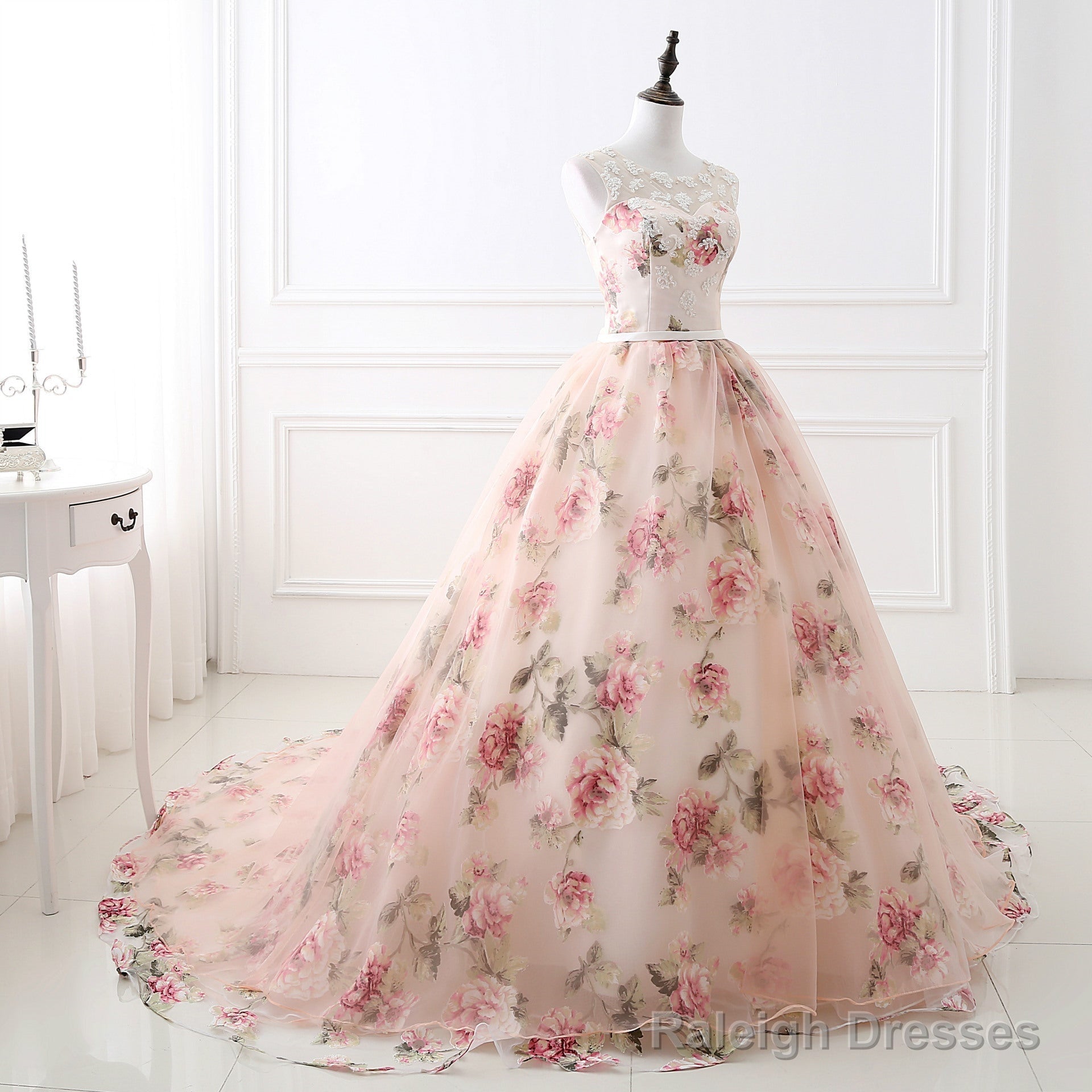 Beautiful Flowers Organza Prom Gowns With Lace Pink Sweet 16 Gowns