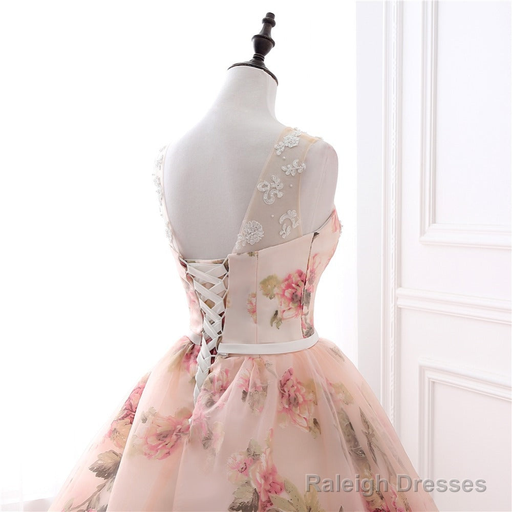 Beautiful Flowers Organza Formal Gown With Lace, Pink Sweet 16 Gown