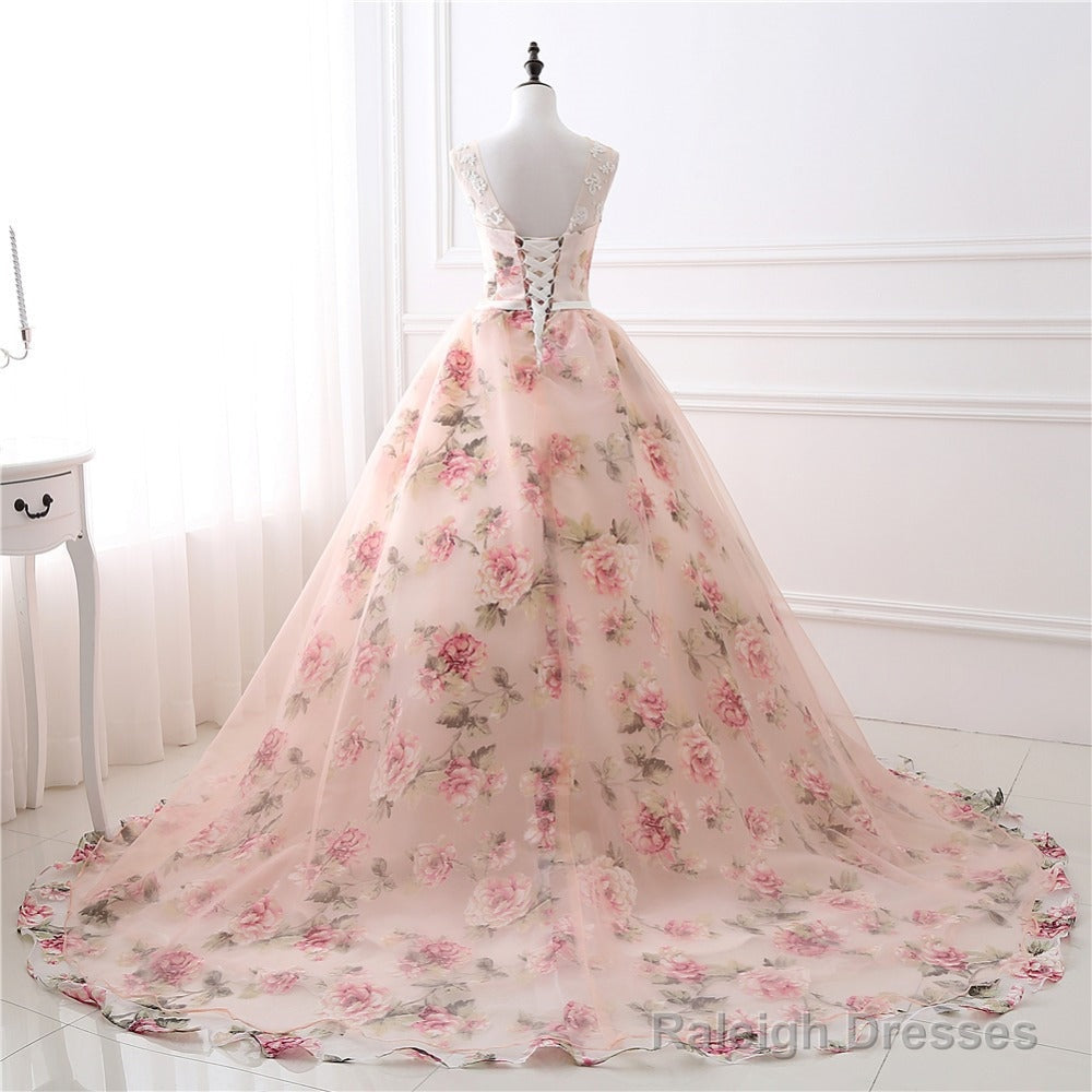 Beautiful Flowers Organza Formal Gown With Lace, Pink Sweet 16 Gown