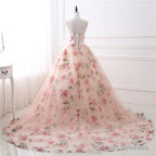 Beautiful Flowers Organza Prom Gowns With Lace Pink Sweet 16 Gowns