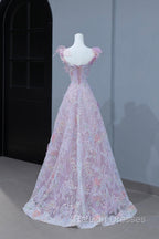 Beautiful Flowers Tulle Long Formal Dresses, Purple Pink A-Line Evening Dresses