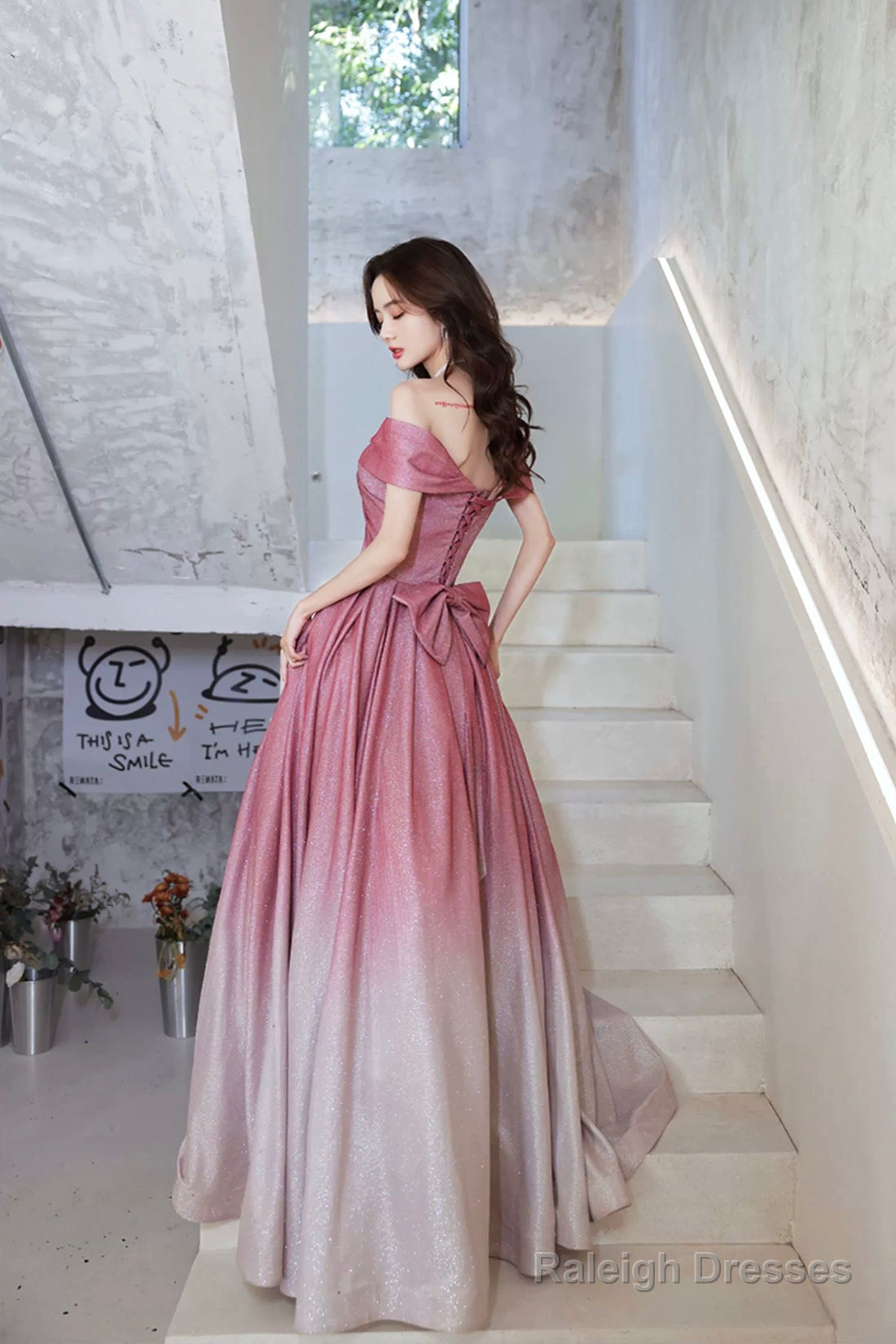 Beautiful Gradient Floor Length A-Line Prom Dress, Off The Shoulder Evening Party Dress Secondary image